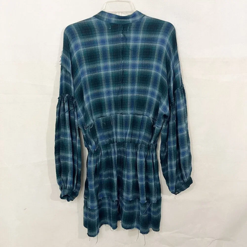 Free People By The Way Navy Plaid Long Sleeve‎ Mini Shirt Dress Grunge - Size XS